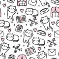 Seamless pattern of cute cat with stationery icon on white background.Meow lover