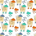 Seamless pattern with Cute cat with umbrella, boots and rain clouds on white background . Pets. Vector illustration Royalty Free Stock Photo