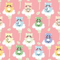 Seamless pattern of cute cat various color pastel sit on flower with leaf background Royalty Free Stock Photo