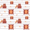 Seamless pattern with cute cats. The cat is sitting in a gift box with a bow, lying on a pillow. Textured striped