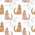 Seamless pattern, cute cats with collars on a background with dotted lines. Children\'s print, textile, bedroom decor Royalty Free Stock Photo