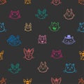 Seamless pattern with cute cats on dark background. Funny animals wallpaper. Vector doodle kittens print. Royalty Free Stock Photo