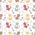 Seamless pattern with cute cats.Different characters and fish skeleton. Nursery vector hand-drawn illustration in simple Royalty Free Stock Photo