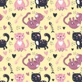 Seamless pattern with cute cats.Different characters and fish skeleton. Nursery vector hand-drawn illustration in simple Royalty Free Stock Photo