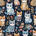 Seamless pattern with cute cats and flowers. watercolor textile, painting, print, paper