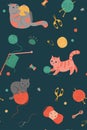 Seamless pattern with cute cats and needlework tools. Vector graphics