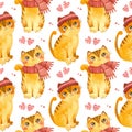 Seamless pattern with cute cats in the scarf and hat. Adorable kitten characters.