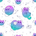 Seamless pattern with cute cats space celestial with stars and planets. Fantasy magical kawaii vector. Mystical nursery kitten