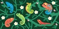Seamless pattern with cute chameleons, butterfly and flowers in liana foliage, cartoon exotic tropical lizard and iguana
