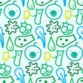 Seamless pattern with cute characters in doodle style.