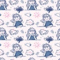 Seamless pattern with cute characters sadness and happy