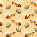 Seamless pattern, cute cheerful bees with flowers and leaves on a gentle background. Children\'s print, background