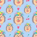 Seamless pattern with a cute cheerful hedgehog