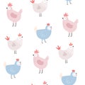 Seamless pattern with cute chickens, roosters for Easter holidays