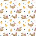 Seamless pattern with cute chickens and roosters on floral background. Springtime vector illustration in trendy hand Royalty Free Stock Photo