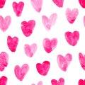 Seamless Pattern with Cute Childlike Watercolor Pink Hearts. Hand Drawn Paint Object for Graphic Design use. Abstract Brush
