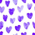 Seamless Pattern with Cute Childlike Watercolor Violet Hearts. Hand Drawn Paint Object for Graphic Design use. Abstract Brush