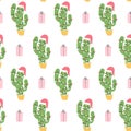 Seamless pattern with cute Christmas cactus. Vector