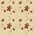 Seamless pattern cute christmas gingerbread man in flat style isolated on beige background. Ginger cookie icon. Royalty Free Stock Photo