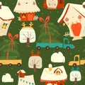 Seamless Pattern with Cute Christmas Houses and Car With Stack of Firs Royalty Free Stock Photo