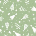 seamless pattern with cute Christmas patterns on a green background with gifts, toys, spruce, freehand drawings. illustration.