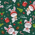 Seamless Pattern Cute Christmas Rabbit Santa Claus On Green Background. Cartoon Illustration