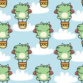 Seamless pattern of cute chubby dragon balloon with cloud on sky background.Chinese animal