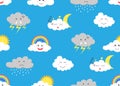 Seamless pattern of cute cloud cartoon emojis icon set with different expressions on sky background Royalty Free Stock Photo