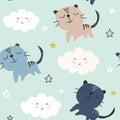 Seamless pattern with cute clouds and cats. vector illustration,
