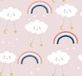 Seamless pattern with cute clouds and rainbows. vector illustration,