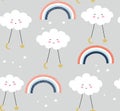 Seamless pattern with cute clouds and rainbows. vector illustration,