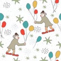 Seamless Pattern with Cute Clowns, air balloons on cute background