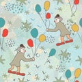 Seamless Pattern with Cute Clowns, air balloons on cute background