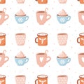 Seamless pattern with cute cocoa cups and marshmallows.