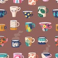 Seamless Pattern With Cute Coffee Or Tea Cups In Various Colors And Designs, Forming A Delightful And Charming Display