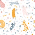 Seamless pattern with cute colorful cats. Hand drawn vector illustration of kittens for wrapping paper, fabric print Royalty Free Stock Photo