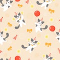 Seamless pattern with cute, colorful, festive kittens with balloons.