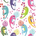 Seamless pattern with a cute colorful geckos.