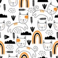 Seamless pattern with cute colorful Kittens. Funny cat, rainbow, and sky in cartoon style. Creative childish pink texture. Great Royalty Free Stock Photo
