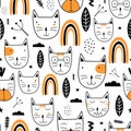 Seamless pattern with cute colorful Kittens scandinavian drawing. Creative childish hand drawn unique style. Good for baby and Royalty Free Stock Photo