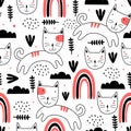 Seamless pattern with cute colorful Kittens scandinavian drawing. Creative childish hand drawn unique style. Good for baby and Royalty Free Stock Photo