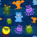 Seamless Pattern Cute colorful monsters on blue background Royalty Free Stock Photo