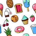 Seamless pattern of cute colorful patch badges and pins with foo
