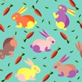 Seamless pattern with cute colorful rabbits, carrots and leaves.