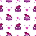 Seamless pattern with cute comic purple character