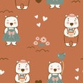 Seamless pattern of cute couple bears on brown background. Creative childish prints flat illustration