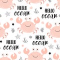 Seamless pattern with cute crab isolated on white, hello ocean print