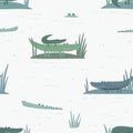 Seamless pattern with cute crocodiles in water. Vector illustration