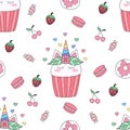 Seamless pattern cute cupcakes cartoon hand drawn style.