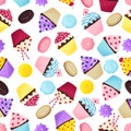 Seamless pattern with cute cupcakes, cookies and meringues